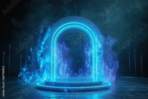 Fototapeta Blue neon portal arch with smoke and fire, futuristic glowing lines forming a gateway in dark space. Concept for fantasy, magic, technology, gaming, and abstract backgrounds.