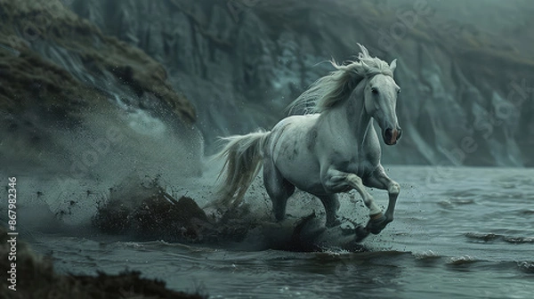 Fototapeta Frozen in a moment, a white horse gallops gracefully, its mane dancing in the wind, capturing the timeless beauty and free-spirited grace of this magnificent creature.