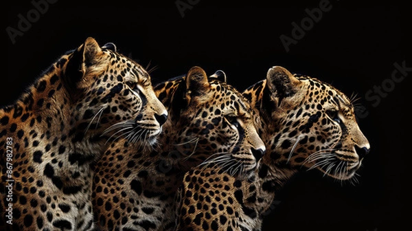 Obraz Graceful and stealthy, a trio of big cats--cheetah, leopard, and jaguar--captivates against a profound black canvas, their spots and stripes weaving an exquisite tapestry of wild elegance.