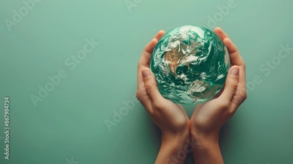 Fototapeta Hand holding globe with customizable space for text. Copy space and earth concept