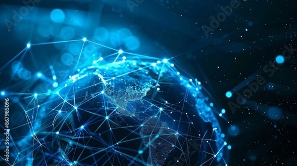 Obraz blue web globe internet online connection communication holographic wallpaper background for ads and web design. with dots and lines