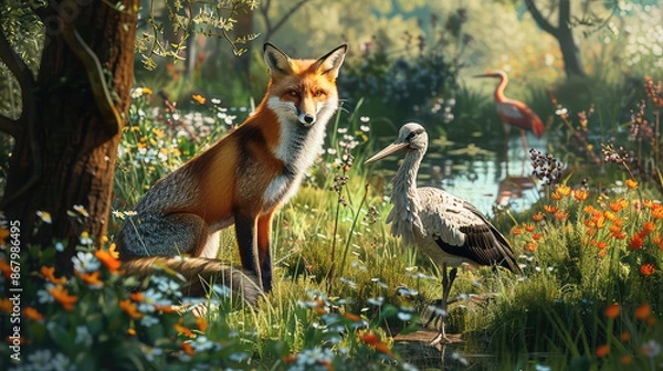 Obraz In a whimsical meadow, a red fox and a stork coexist, representing the diversity of European fauna. A harmonious scene capturing the essence of wildlife in a peaceful garden.