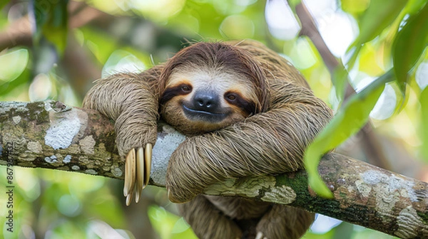 Obraz In the lush Rainforest of Costa Rica, a funny sloth hangs on a tree branch, its cute face expressing contentment.