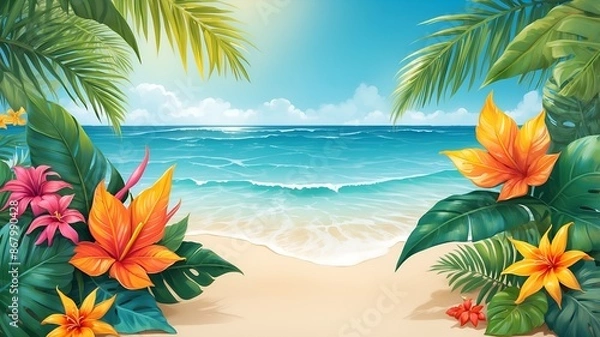 Obraz Summer blank banner. background : A stunning illustration of a Summer banner, rendered in intricate digital painting on a glossy, high-gloss medium, boasting vibrant hues and impeccable texture, evoki