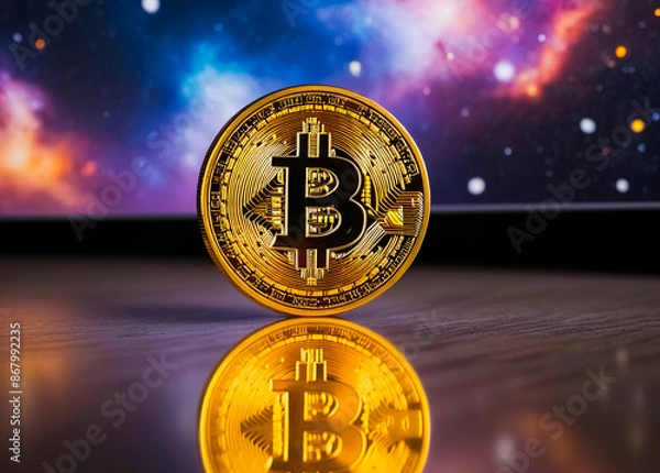 Obraz Digital currency bitcoin in the galaxies background. Generative AI