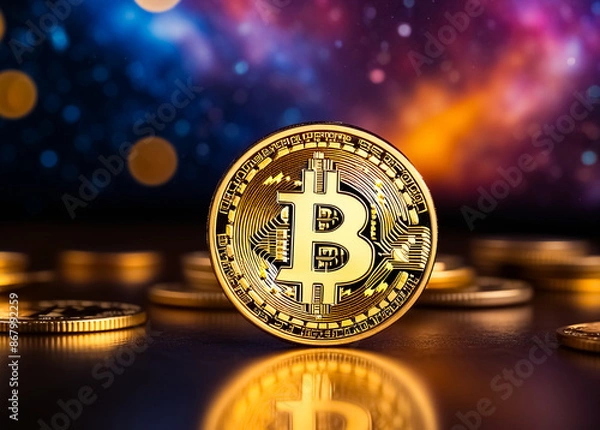 Obraz Digital currency bitcoin in the galaxies background. Generative AI