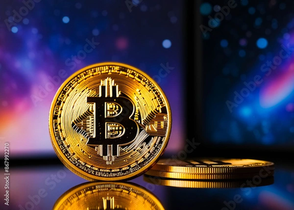 Obraz Digital currency bitcoin in the galaxies background. Generative AI