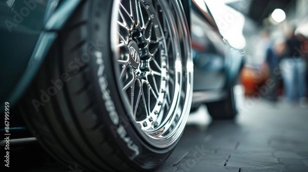 Obraz Detail shot of a car's custom alloy wheels and low-profile tires