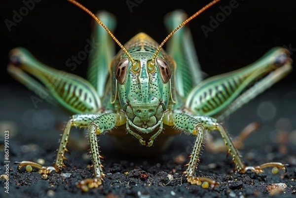 Fototapeta Close-up Portrait of a Vibrant Green Grasshopper
