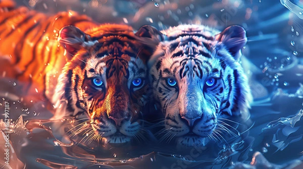 Obraz A mesmerizing close-up reveals the piercing blue eye of a regal white Bengal tiger, captivating in its intensity. The majestic feline's gaze reflects both strength and grace, a testament to its captiv