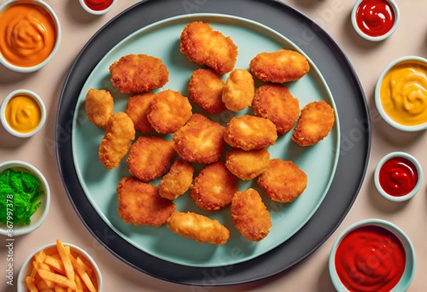 Obraz Golden battered breaded fried chicken nuggets arranged on a plate with many types of dipping sauces