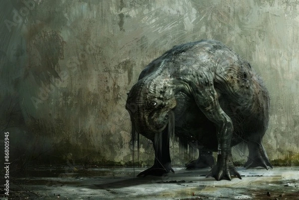 Fototapeta Fantasy creature resembling a large bulbous creature in a desolate landscape