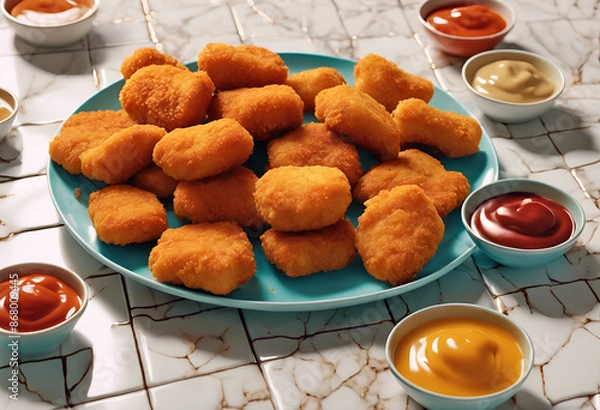 Obraz golden battered crispy fried chicken nuggets on a countertop plate with dipping sauces