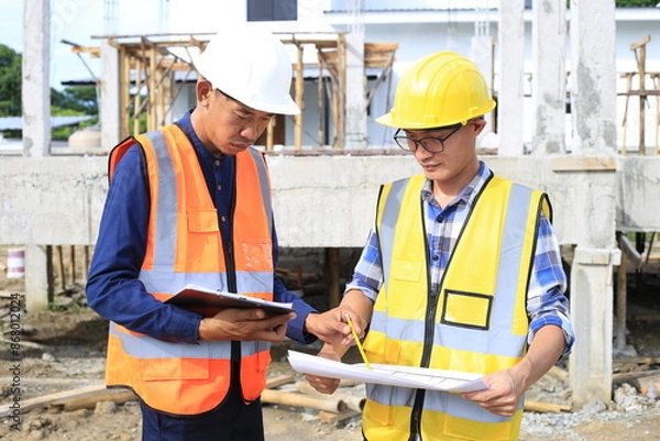 Fototapeta Young professional engineer in hat and blueprint paper is working...At the house construction site. Motivation: success, career growth. achieving goals