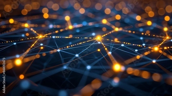 Obraz A network of glowing yellow dots connected by lines, on a dark blue background