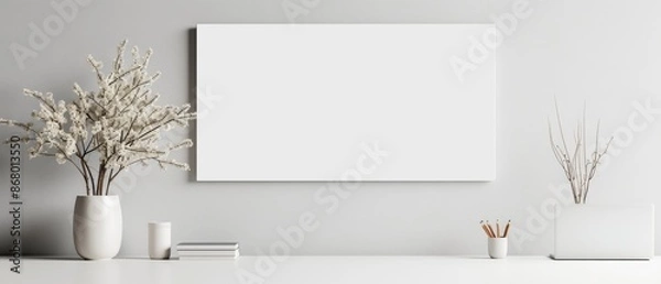 Fototapeta Minimalist workspace with blank canvas, white decor, and plants on a white desk. Perfect for presentations, mockups, and creative projects.