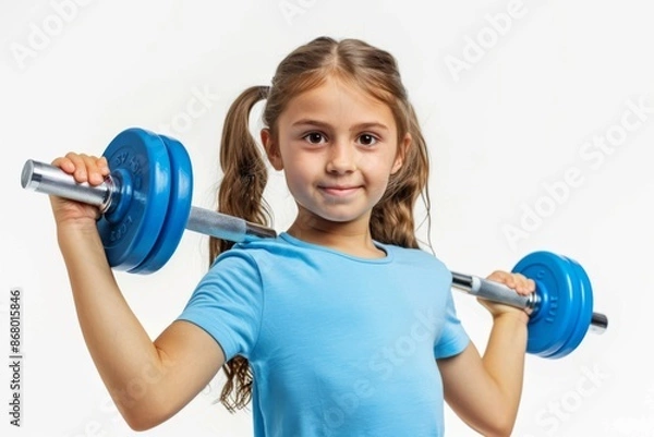 Fototapeta Girl lifting weights with a determined expression and pigtails