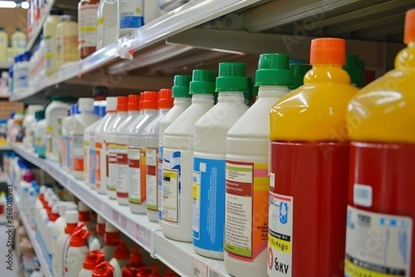 Fototapeta Bottles of Cleaning Products on a Shelf in a Grocery Store