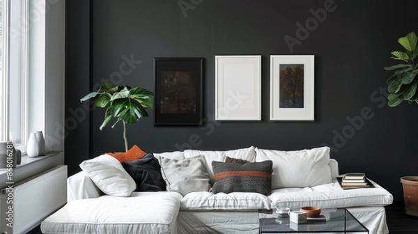 Obraz Overlapping White Frames on Charcoal Wall, Sophisticated Display, Overlapping White Frames, Charcoal Wall