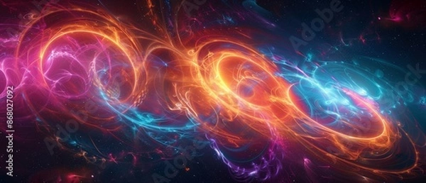 Fototapeta Digital artwork depicting a cosmic scene, It features swirling masses of energy in vibrant hues of orange, pink, and blue, set against a backdrop of a dark starry sky. 