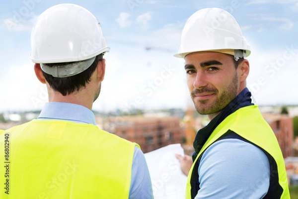 Fototapeta Engineer and worker watching blueprint on construction site