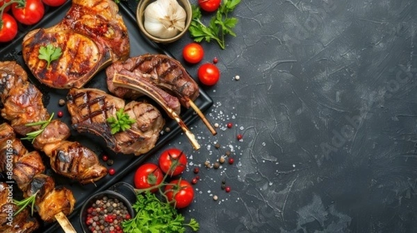 Obraz Various grilled meats with vegetables and condiments Lamb and chicken BBQ with tomatoes Overhead view with space for text