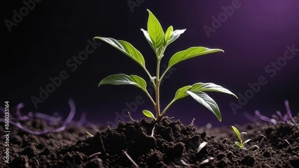 Fototapeta Green sprout emerging from dark soil.