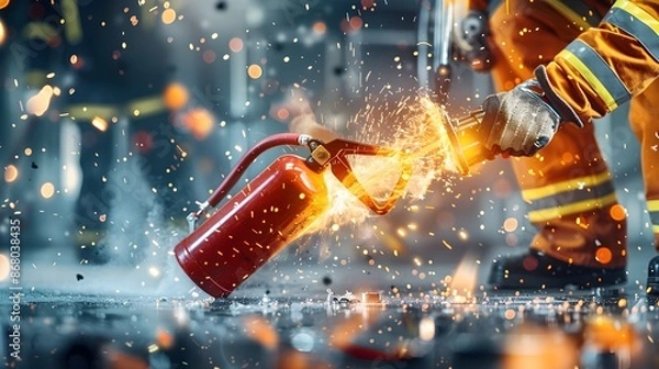 Fototapeta Firefighter Using Fire Extinguisher to Control Hazardous Situation at Emergency Scene
