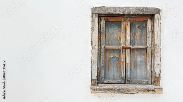 Fototapeta Rustic wooden window frame on white wall with copy space and selective focus