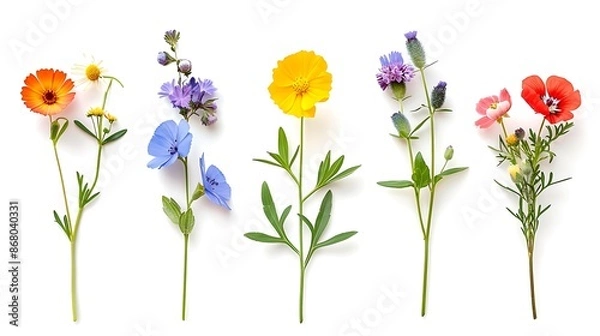 Obraz The image shows five different colored flowers in bloom arranged in a vertical line against a white background.