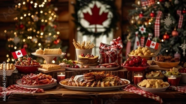 Fototapeta Christmas table with a variety of traditional Canadian dishes such as pudding, bacon, poutine, flags