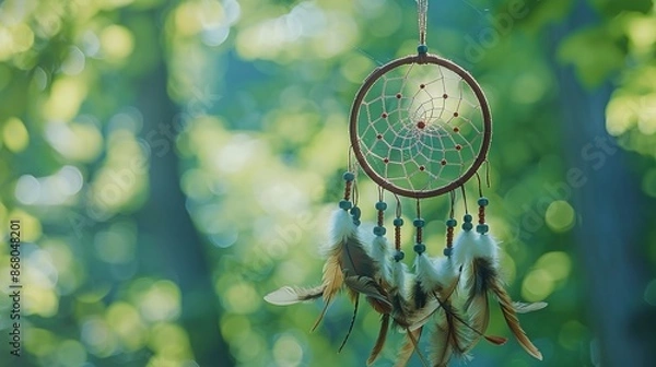 Fototapeta Intricate Native American Dreamcatcher Against Soft-Focus Background
