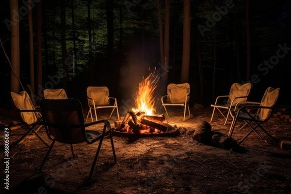 Obraz Camping chairs around a campfire.