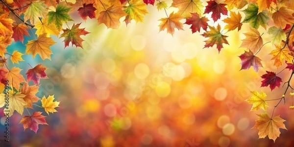 Fototapeta Vibrant autumn leaves against a warm and cool gradient background, symbolizing seasonal change and natural beauty, autumn