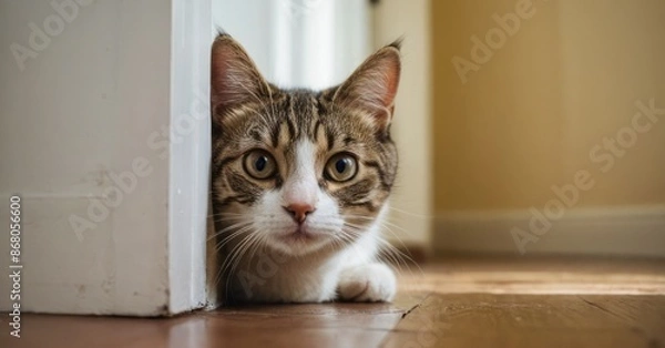 Fototapeta A tabby cat with white markings peeks from behind a white doorway, looking directly at the camera with wide, curious eyes
