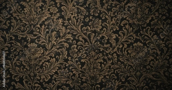 Obraz A close-up of a textured black fabric with a repeating gold floral pattern