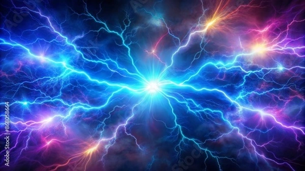 Fototapeta Vibrant abstract background featuring blue and purple hues with streaks of radiant blue neon lightning illuminating the dark atmosphere.