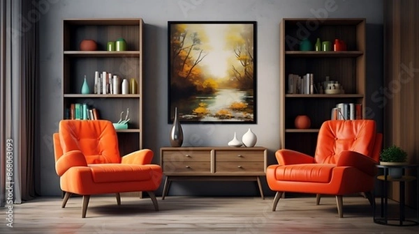 Fototapeta The image displays a modern living room setting featuring two orange armchairs with a wooden cabinet in the background