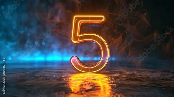 Obraz The image shows a 3D rendering of the number 5 in neon orange, floating above a reflective surface.