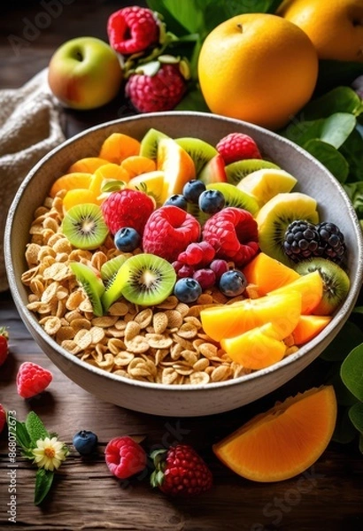 Fototapeta bowl cereal milk fresh fruit breakfast, nutrition, meal, healthy, cornflakes, dairy, balanced, vitamins, energy, oats, almond, raisin, fiber, nutritious