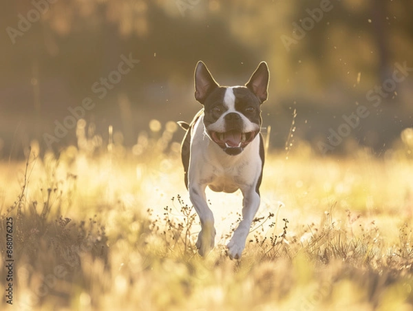 Fototapeta Full body shot of a Boston Terrier, happily running in the soft sunlight.