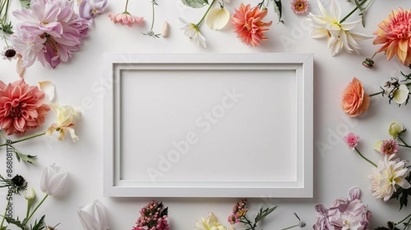 Obraz Empty white photo frame surrounded by pastel-colored flowers on a white background
