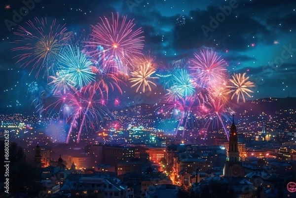 Fototapeta Colorful fireworks light up a city skyline at night, creating a dazzling display of vibrant colors against a dark sky.