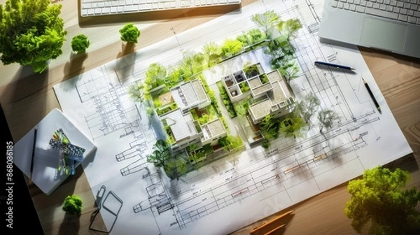 Obraz Architectural plans with landscape design on the desk. Top view