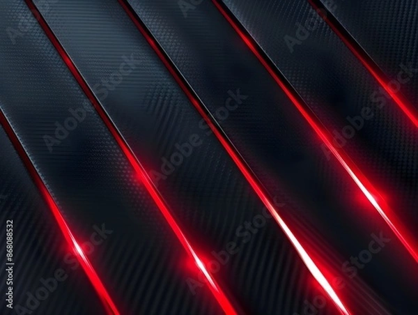 Fototapeta Black carbon fiber background with red luminous lines. 3d rendering