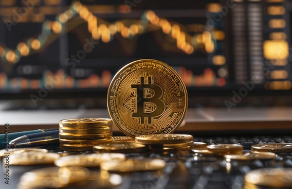 Obraz golden bitcoin logo surrounded by coins