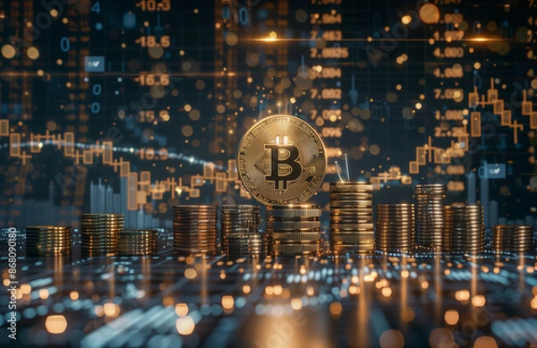 Obraz golden bitcoin logo surrounded by coins