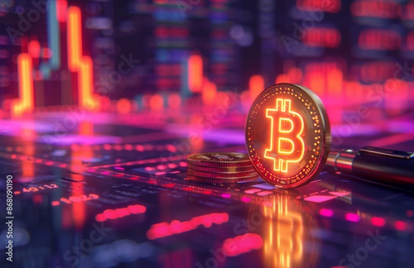 Obraz golden bitcoin logo surrounded by coins