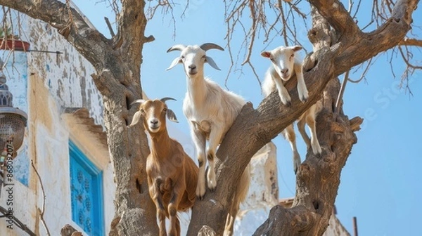 Fototapeta Three goats climbing a tree in a village