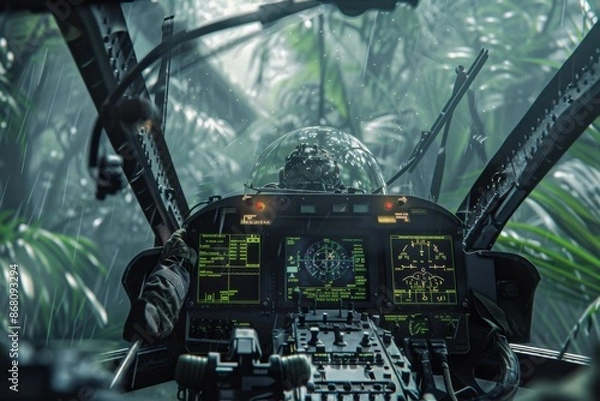 Fototapeta A close-up of an Attack Helicopters AH-64 Apaches cockpit amidst a jungle operation The pilots face is tense with concentration